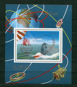 Освоєння космосу Освоение космоса ^/--/^ Аджман,Ajman 1969 Mi Bl 140 red overprint of Apollo 10.  Space MNH Cv 25,- ^_^^^ Аджман, Ajman 1969 Mi Bl 140 red overprint of Apollo 10 Space MNH Cv 25 - фото фото фото