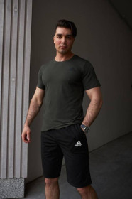 Шорти Шорты ^/--/^ Комплект мужской Adidas: футболка хаки + шорты черные ^_^^^ Комплект чоловічий Adidas: футболка хакі + шорти чорні - фото фото фото