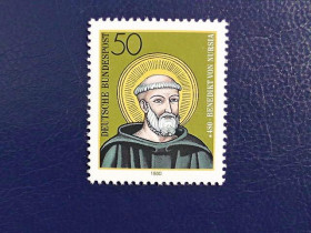 НДР, ФРН ГДР, ФРГ ^/--/^ Поштова марка Німеччина ФРН &amp;quot; Релігія святий Бенедикт &amp;quot; 1980 рік ** ^_^^^ Почтовая марка Германия ФРГ &amp;quot; Религия святой Бенедикт &amp;quot; 1980 год ** - фото фото фото