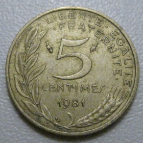 Франція Франция ^/--/^ Франція 5 сантимів 1981 року 41954 ^_^^^ Франция 5 сантимов 1981 года 41954 - фото фото фото