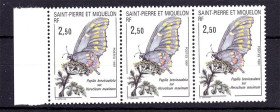 Фауна Фауна ^/--/^ Сан Пьер и Микелон / SPM 1991 г  MNH - бабочка - сцепка 3 марки ^_^^^ Фауна Сан П'єр і Мікелон / SPM 1991 р MNH - метелика - зчіпка 3 марки - фото фото фото