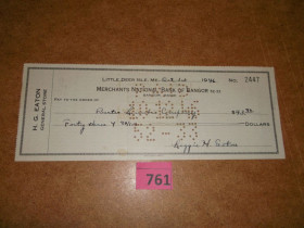 Чеки Чеки ^/--/^ Чек 1946  р  Merchants Banc of Bangor , Великобританія  №  761 ^_^^^ Чек 1946 г. Merchants Banc of Bangor, Великобритания No 761 - фото фото фото