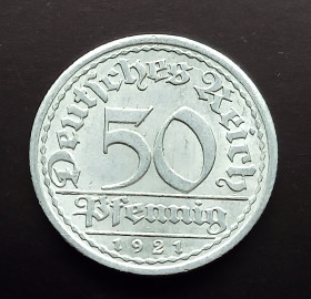 Веймарська республіка (-) Веймарская республика (-) ^/--/^ Німеччина  50 пфенігів 1921 рік - Веймарська республіка ^_^^^ Германия 50 пфеннигов 1921 год - Веймарская республика - фото фото фото