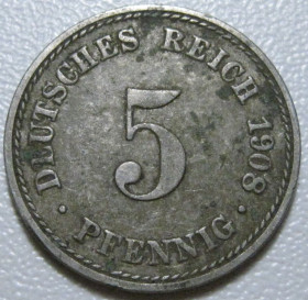 Німецька імперія (-) Германская империя (-) ^/--/^ Германия 5 пфеннигов 1908 года A #2669 ^_^^^ Німеччина 5 пфенігів 1908 року A #2669 - фото фото фото