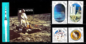 Освоєння космосу Освоение космоса ^/--/^ Космос . Невис 1989 г  MNH  - марки + блок - человек на Луне ^_^^^ Невіс 1989 MNH - марки + блок - фото фото фото