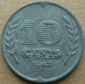 Нідерланди Нидерланды ^/--/^ Нидерланды 10 центов 1942 цинк Германская оккупация ^_^^^ Нідерланди 10 центів 1942 цинк Німецька окупація - фото фото фото