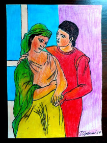 Картини, Гравюри, Живопис та Графіка Картины, Гравюры, Живопись и Графика ^/--/^ &amp;quot;Любовники&amp;quot; копия П.Пикассо. бумага цвет. карандаши. 20*15 см. ^_^^^ &amp;quot; Коханці &amp;quot; копія П.Пікассо. папір колір. олівці. 20*15 см. - фото фото фото
