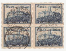 Веймарська республіка Веймарская республика ^/--/^ Германия  ( Рейх) 1923 г. №  265 гашеная кварт блок ^_^^^ Німеччина (Рейх) 1923 р. No 265 гашена кварт блок - фото фото фото