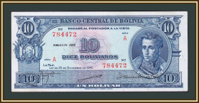 Болівія Боливия ^/--/^ Боливия 10 боливиано 1945  (1952) P-139  (139 /--/ b.1) UNC ^_^^^ Болівія 10 Болівіано 1945 (1952) P-139 (139 /--/ b.1) UNC - фото фото фото