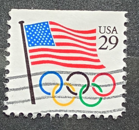 Північна Америка Северная Америка ^/--/^ США 1991 г - Флаг США и Олимпийские кольца, гаш ^_^^^ США 1991 — Прапор США та Олімпійські кільця, гаш - фото фото фото
