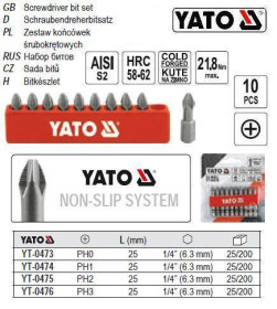 Викрутки Отвертки ^/--/^ Набор насадок бит YATO Польща PН /--/ 2 хрестова 1/4 l /--/ 25 мм 10 штук YT-0475 ^_^^^ Набор насадок бит YATO Польша PН /--/ 2 крестовая 1/4 l /--/ 25 мм 10 штук YT-0475 - фото фото фото