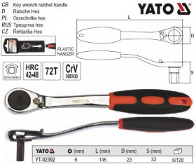 Викрутки Отвертки ^/--/^ Трещотка ключ YATO трещотка шестигранна вигнута HEX /--/ 6 HRC 42-48 YT-02392 ^_^^^ Польща трищатка шестигранна вігнута HEX /--/ 6 HRC 42-48 YT-02392 - фото фото фото