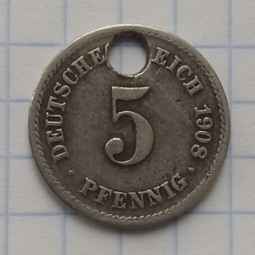 Німецька імперія (-) Германская империя (-) ^/--/^ Германия 5 пфеннигов, 1908 г ^_^^^ Німеччина 5 пфенігів, 1908 - фото фото фото