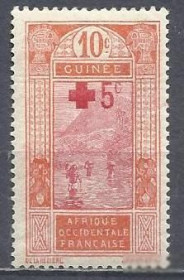 Гвінея Гвинея ^/--/^ Гвинея франц. 1915 пейзаж медицина Красный Крест надп. 1 /--/ м. ^_^^^ Гвінея франц. 1915 — пейзаж медицина Червоний Хрест надп. 1 /--/ м. - фото фото фото