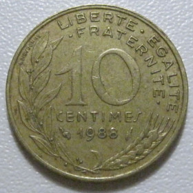 Франція Франция ^/--/^ Франція 10 сантимів 1988 року 1394 ^_^^^ Франция 10 сантимов 1988 года 1394 - фото фото фото