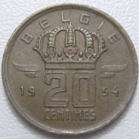 Бельгія Бельгия ^/--/^ Бельгія 20 сантимів 1954 року Belgie 42946 ^_^^^ Бельгия 20 сантимов 1954 года Belgie 42946 - фото фото фото