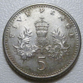 Єлизавета II (після ) Елизавета II (после ) ^/--/^ Велика Британія 5 пенсів 1990 року. Новий тип 40503 ^_^^^ Великобритания 5 пенсов 1990 года. Новый тип 40503 - фото фото фото