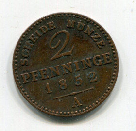 Німеччина до  року Германия до  года ^/--/^ 2 пфенінґи 1852 р. Прусія. ^_^^^ 2 пфенинги 1852 г. Пруссия. - фото фото фото