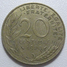 Франція Франция ^/--/^ Франція 20 сантимів 1988 року 43635 ^_^^^ Франция 20 сантимов 1988 года 43635 - фото фото фото