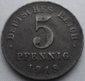 Німецька імперія (-) Германская империя (-) ^/--/^ Германия 5 пфеннигов 1918 D железо  состояние ^_^^^ Німеччина 5 пфенігів 1918 D залізо стан - фото фото фото