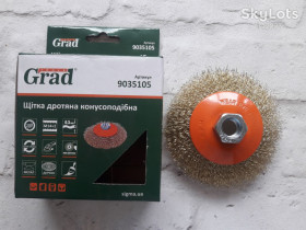 Інше Другое ^/--/^ Щітка дротяна конусоподібна Ø100 /--/ мм М /--/ 14×2 мм       (латуньована) GRAD ^_^^^ Щетка проволочная конусообразная Ø100 /--/ мм М /--/ 14×2 мм (латунированная) GRAD - фото фото фото