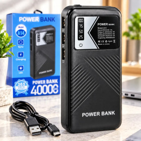 Зовнішні акумулятори (Power Bank) Внешние аккумуляторы (Power Bank) ^/--/^ Павербанк A /--/ 14 на 40000 мА·год  (ємність заявлена виробником) — LED-дисплей, 3×USB-виходи, ліхтарик, чорний - фото фото фото