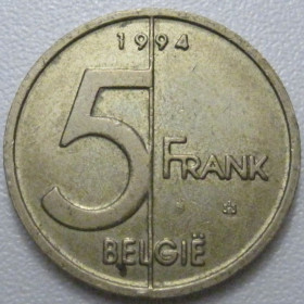 Бельгія Бельгия ^/--/^ Бельгія 5 франків 1994 року Belgie 42906 ^_^^^ Бельгия 5 франков 1994 года Belgie 42906 - фото фото фото
