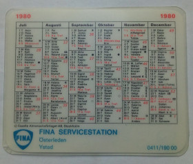 Календарі Календари ^/--/^ Календарь 1980 Fina Service, Истад, Швеция  (пластик) ^_^^^ Календар 1980 Fina Service, Істад, Швеція (пластик) - фото фото фото