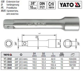 Викрутки Отвертки ^/--/^ Удлинитель YATO удлинитель M /--/ 3/8(9,5) L /--/ 76 YT-3843 ^_^^^ Польща подовжувач M /--/ 3/8&amp;quot;(9,5) L /--/ 76 YT-3843 - фото фото фото
