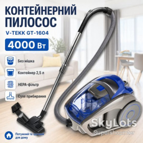 Пилососи Пылесосы ^/--/^ Контейнерный пылесос 2.5 л без мешка для сухой уборки V-TEKK GT-1604 Синий 4000 Вт ^_^^^ Контейнерний пилосос 2.5 л без мішка для сухого прибирання V-TEKK GT-1604 Синій 4000 Вт - фото фото фото