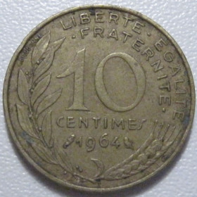 Франція Франция ^/--/^ Франція 10 сантимів 1964 року 1333 ^_^^^ Франция 10 сантимов 1964 года 1333 - фото фото фото