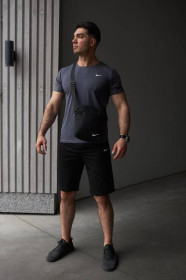 Шорти Шорты ^/--/^ Комплект мужской Nike: футболка темно-серая + шорты черные + борсетка черная ^_^^^ Футболка темно-сіра + шорти чорні + борсетка чорна - фото фото фото