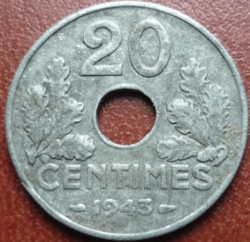 Франція Франция ^/--/^ Франция 20 сантимов 1943 цинк ^_^^^ Франція 20 сантимів 1943 цинк - фото фото фото