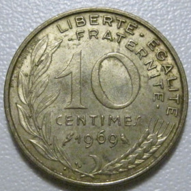 Франція Франция ^/--/^ Франція 10 сантимів 1969 року 43491 ^_^^^ Франция 10 сантимов 1969 года 43491 - фото фото фото