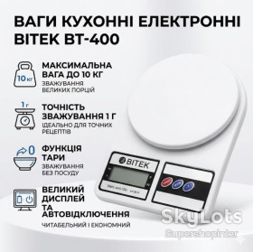 Кухонні ваги Кухонные весы ^/--/^ Весы кухонные электронные с платформой до 10 кг от 1 /--/ г BITEK BT-400 Белые ^_^^^ Ваги кухонні електронні з платформою до 10 кг від 1 /--/ г BITEK BT-400 Білі - фото фото фото