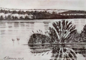 Картини, Гравюри, Живопис та Графіка Картины, Гравюры, Живопись и Графика ^/--/^ На озере Песчаное графика 20*15 см. ^_^^^ На озері Піщане графіка 20*15 см. - фото фото фото