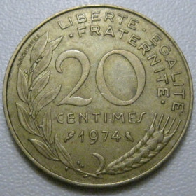 Франція Франция ^/--/^ Франція 20 сантимів 1974 року 42051 ^_^^^ Франция 20 сантимов 1974 года 42051 - фото фото фото