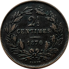 Люксембург Люксембург ^/--/^ 2½ Сантима 1870 Великое Герцогство Люксембург  (1854 - 1917) Бронза ^_^^^ 1870 Люксембург Бронза - фото фото фото