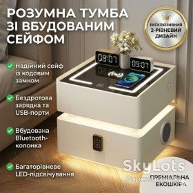 Тумби, комоди Тумбы, комоды ^/--/^ Умная прикроватная тумба XF /--/ 01 со встроенным сейфом, беспроводной зарядкой и Bluetooth, белая экокожа / стекло ^_^^^ Розумна прикриватна тумба XF /--/ 01 з вбудованим сейфом, бездротовою зарядкою і Bluetooth, біла екокожа / скло - фото фото фото