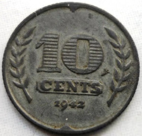Нідерланди Нидерланды ^/--/^ Нидерланды 10 центов 1942 цинк ^_^^^ Нідерланди 10 центів 1942 цинк - фото фото фото
