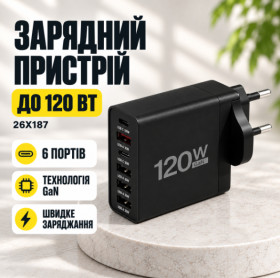 Зарядні пристрої Зарядные устройства ^/--/^ Сетевое зарядное устройство 26 /--/ X /--/ 187 120 Вт черный • Многопортовый блок питания 26 /--/ X /--/ 187 на 6 портов GaN Fast Charge для смартфонов ^_^^^ Мережевий зарядний пристрій 26 /--/ X /--/ 187 120 Вт чорний • Багатопортовий блок живлення 26 /--/ X /--/ 187 на 6 портів GaN Fast Charge для смартфонів - фото фото фото