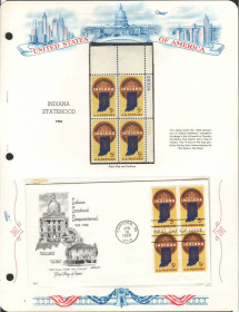 Північна Америка Северная Америка ^/--/^ США 1966  г - квартблок MNH + КПД  ХМК с квартблоком  -  штат Индиана ^_^^^ США 1966 - квартблок MNH + ККД ХМК з квартблоком - штат Індіана - фото фото фото