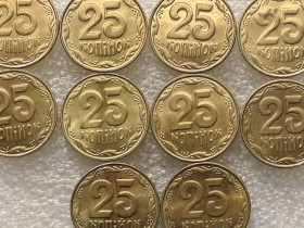 Обігові Обиходные ^/--/^ 25 копійок 2014 рік Україна &amp;quot; Штемпельний Блиск 10 штук одним лотом &amp;quot;    (15...) ^_^^^ 25 копеек 2014 год Украина &amp;quot; Штемпельный Ближний 10 штук одним лотом &amp;quot; (15...) - фото фото фото