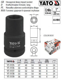 Викрутки Отвертки ^/--/^ Головка торцевая ударная длинная 1 М /--/ 33 l /--/ 90 мм YATO YT-1178 ^_^^^ Головка торцева ударна довга 1&amp;quot; М /--/ 33 l /--/ 90 мм YATO Польща YT-1178 - фото фото фото