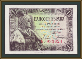 Іспанія Испания ^/--/^ Испания 1 песета 1945 P-128  (128 /--/ a.1) UNC ^_^^^ Іспанія 1 песета 1945 P-128 (128 /--/ a.1) UNC - фото фото фото