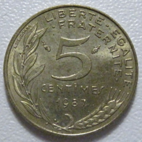 Франція Франция ^/--/^ Франція 5 сантимів 1987 року 43474 ^_^^^ Франция 5 сантимов 1987 года 43474 - фото фото фото
