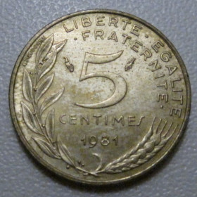 Франція Франция ^/--/^ Франція 5 сантимів 1981 року 41953 ^_^^^ Франция 5 сантимов 1981 года 41953 - фото фото фото