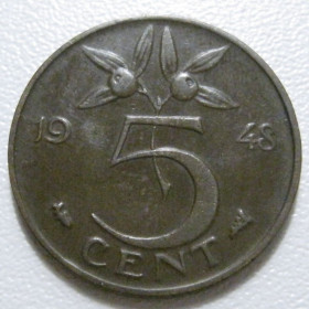 Нідерланди Нидерланды ^/--/^ Нідерланди 5 центів 1948 року 41158 ^_^^^ Нидерланды 5 центов 1948 года 41158 - фото фото фото