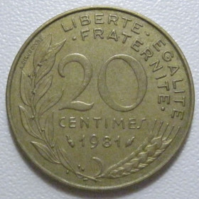 Франція Франция ^/--/^ Франція 20 сантимів 1981 року 43598 ^_^^^ Франция 20 сантимов 1981 года 43598 - фото фото фото