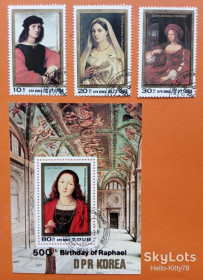 КНДР КНДР ^/--/^ КНДР 1984 искусство живопись Рафаэль Mi 2452-2454 + блок 173 2-й выпуск ^_^^^ КНДР мистецтво живопис Рафаель Mi 2452-2454 + блок 173 2-й випуск - фото фото фото